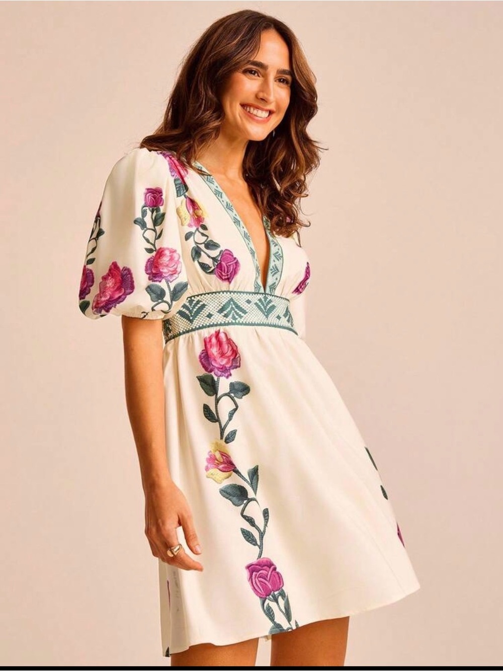 Ivory Floral Embroidered V‑Neck Mini Dress with Pink Rose Accents